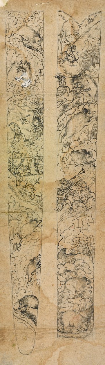 A raja hunting wild boars, design for a scabbard by Shevdar Gangeyagi