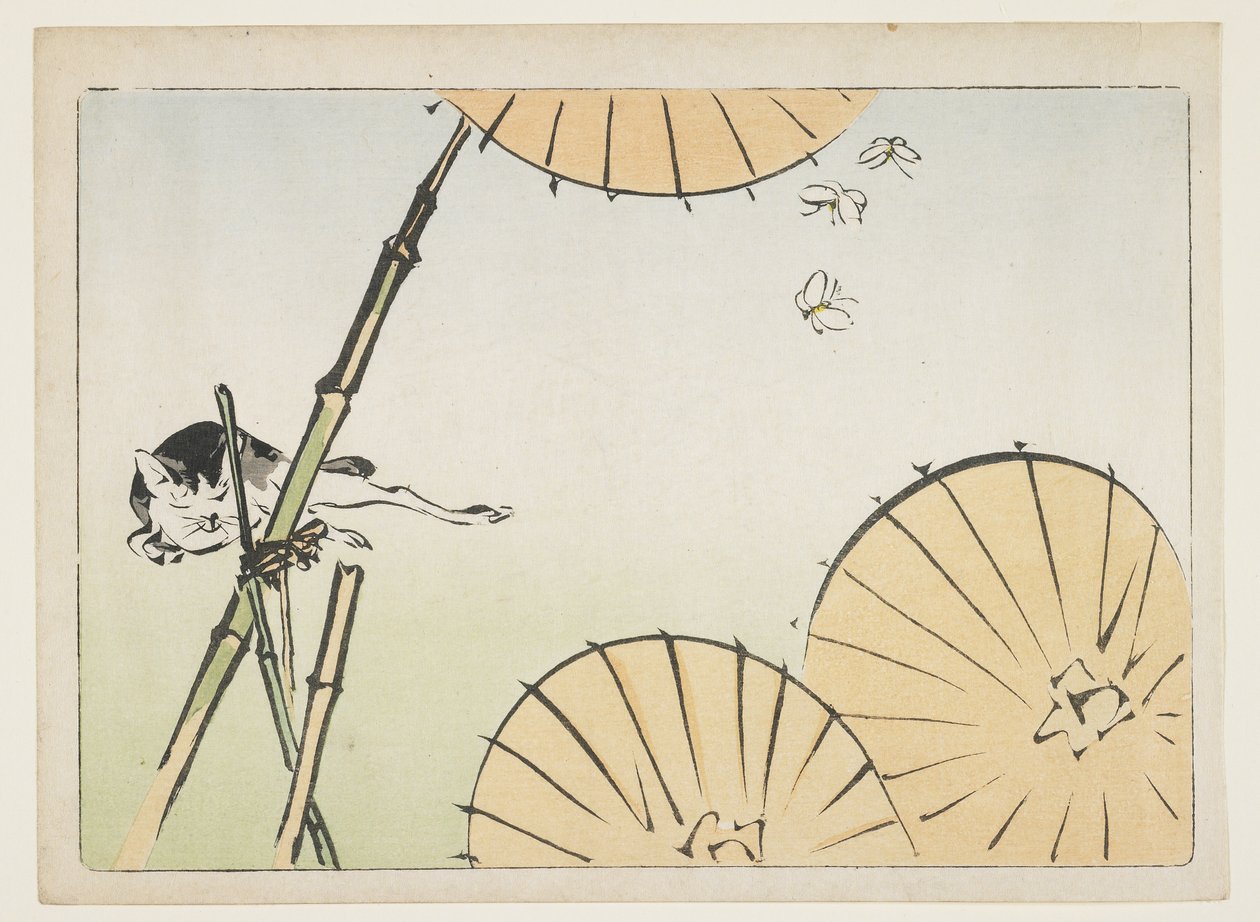 Bamboo, Umbrellas, a Cat and Butterflies by Shibata Zeshin