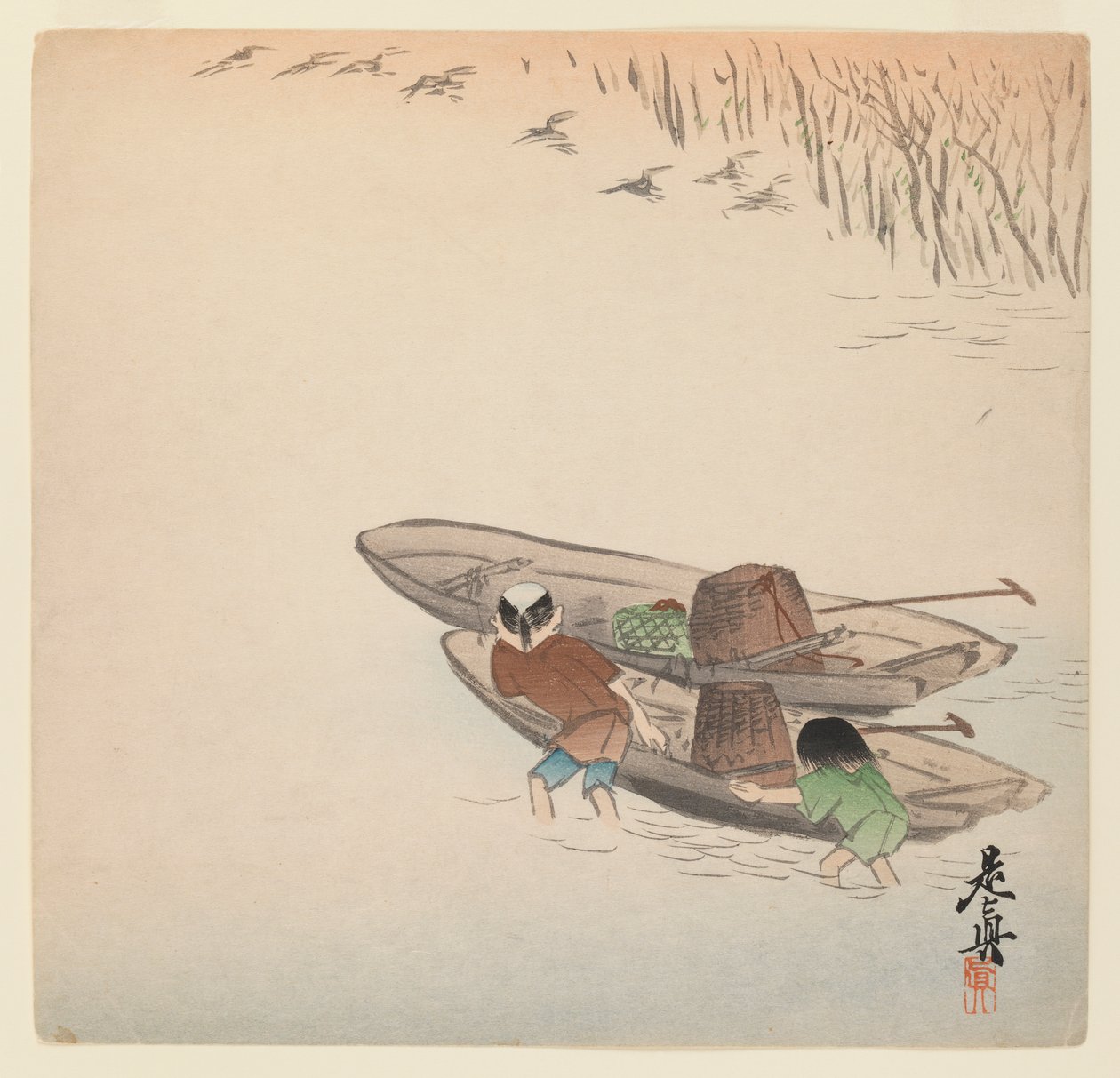 Fisherman with Boy and Boats from the Series Hana Kurabe by Shibata Zeshin