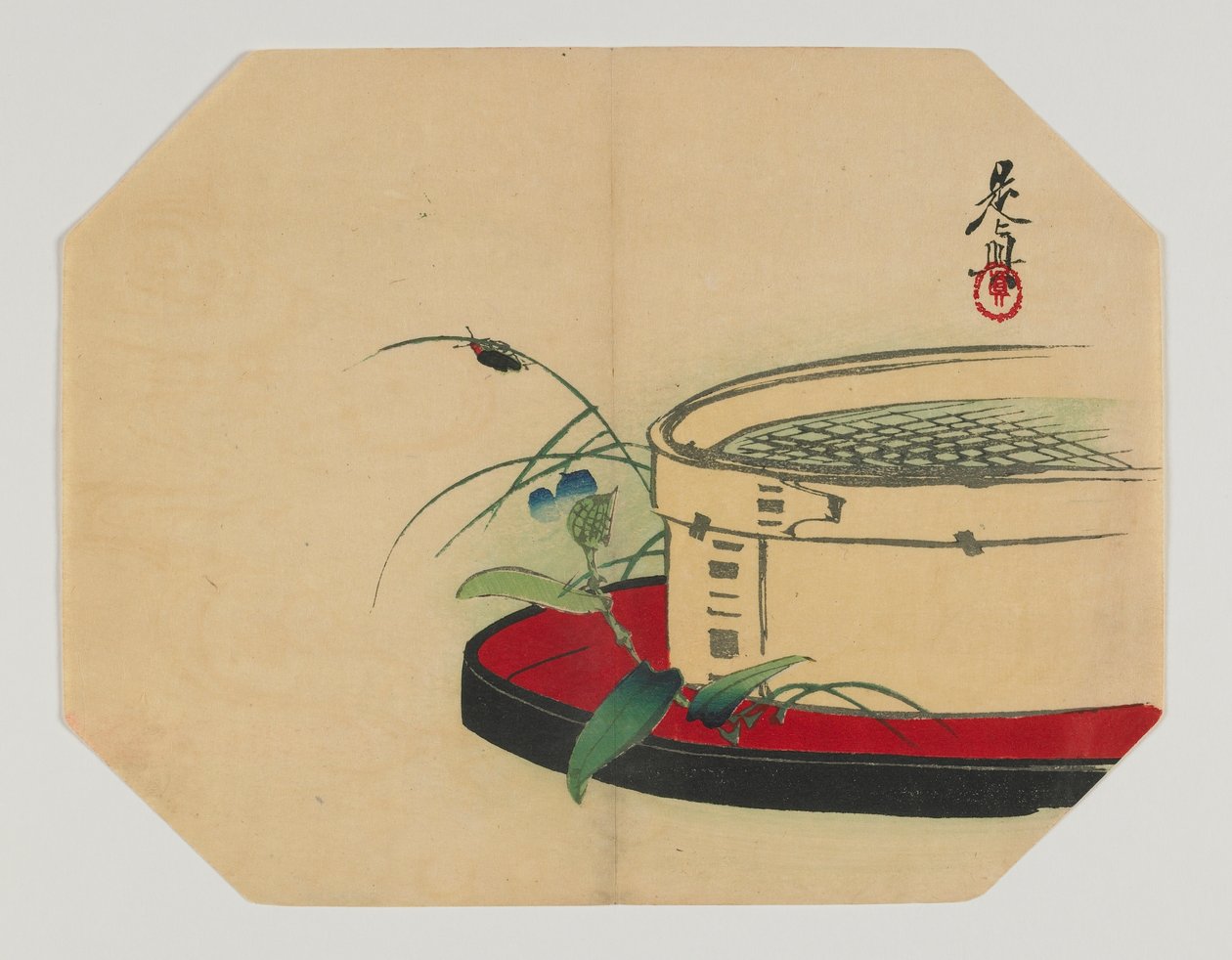 Print for an Uchiwa; Firefly on Flowering Plant, with Bamboo Sieve by Shibata Zeshin