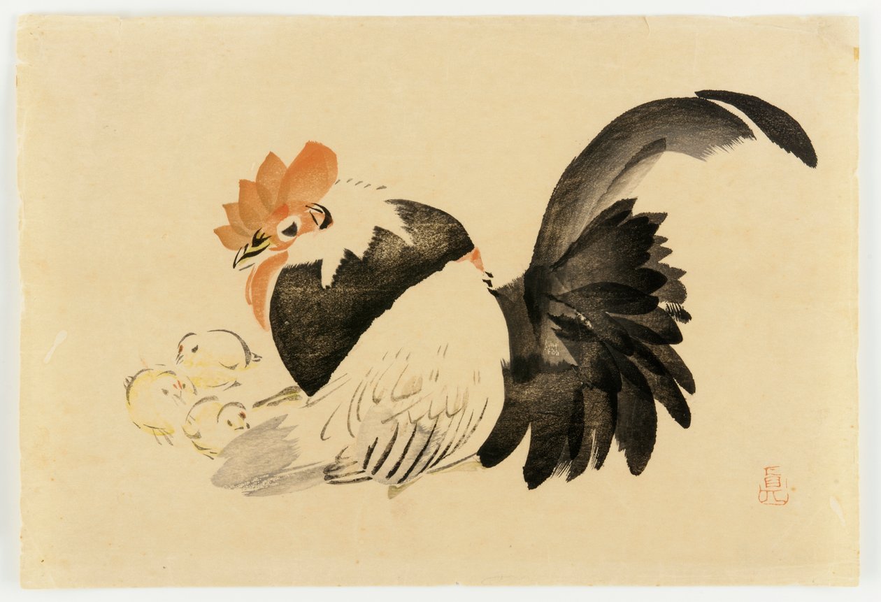Rooster, Hen, and Chicks, Meiji era by Shibata Zeshin