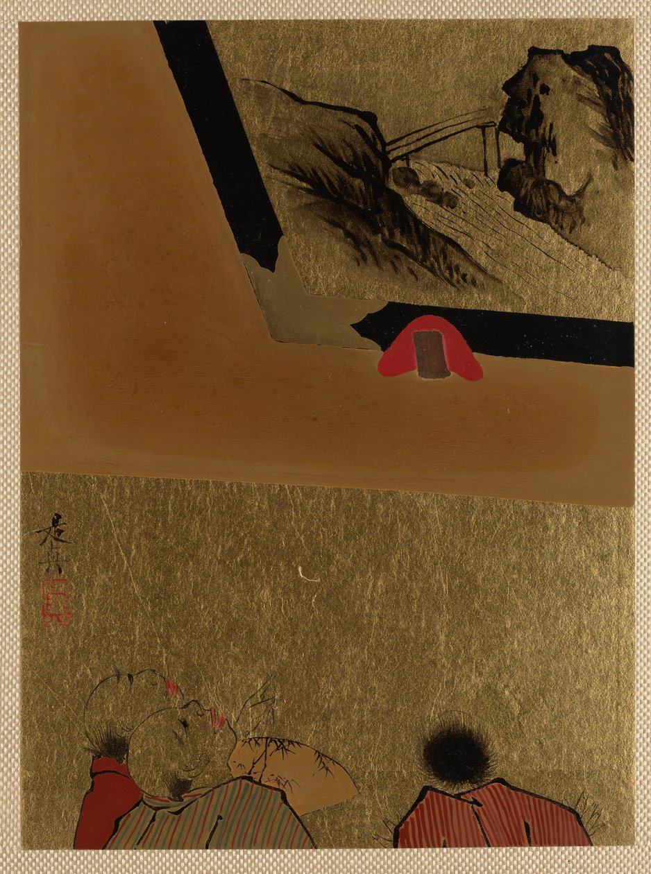 Three Men Looking at Framed Lacquer Drawing by Shibata Zeshin