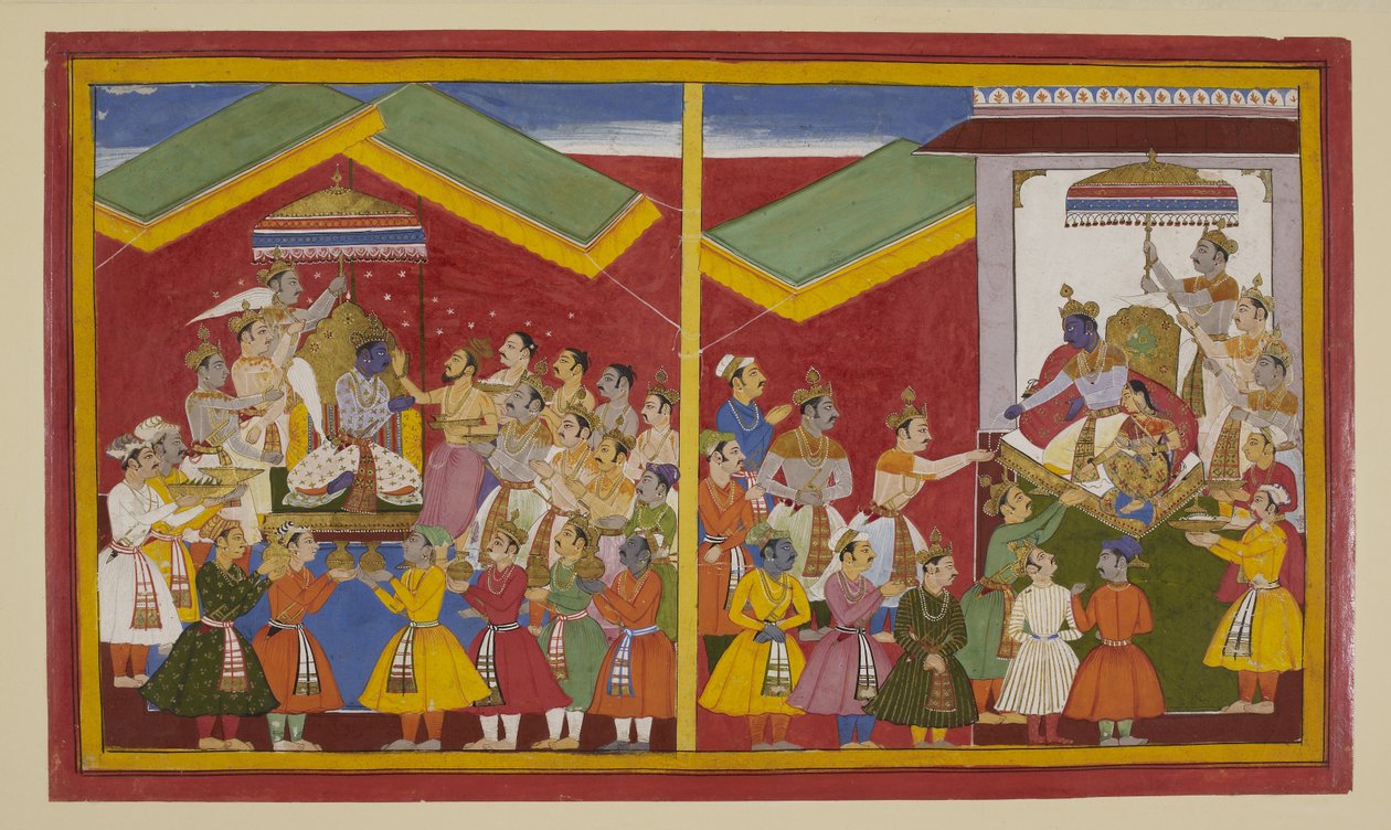 Rama Is Crowned and Rewards His Allies; Sita Gifts Her Necklace to Hanuman by S?hibdin S?hibdin