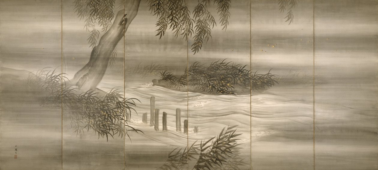 River Landscape with Fireflies by Shiokawa Bunrin