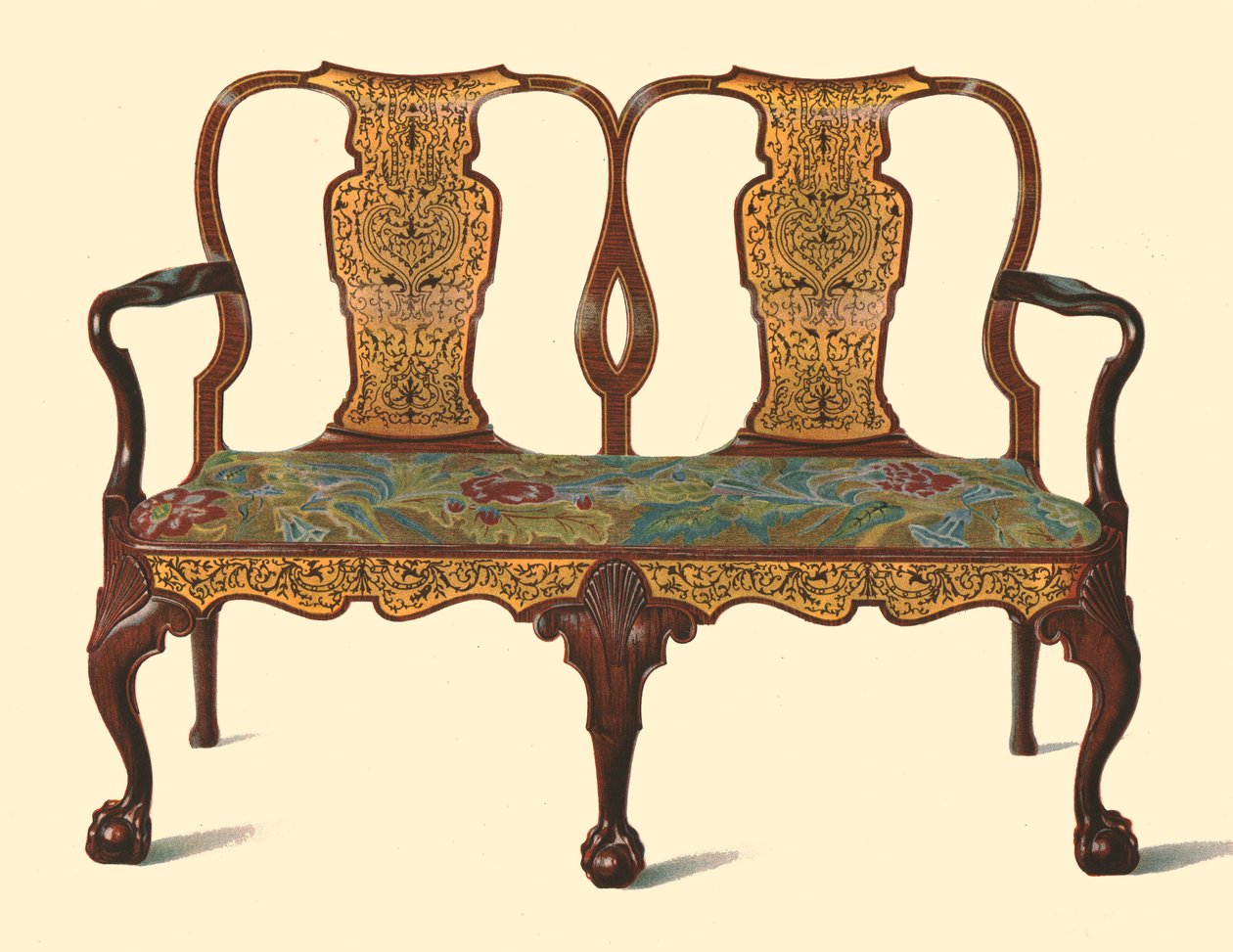 Walnut settee inlaid with marquetry by Shirley Charles Llewellyn Slocombe