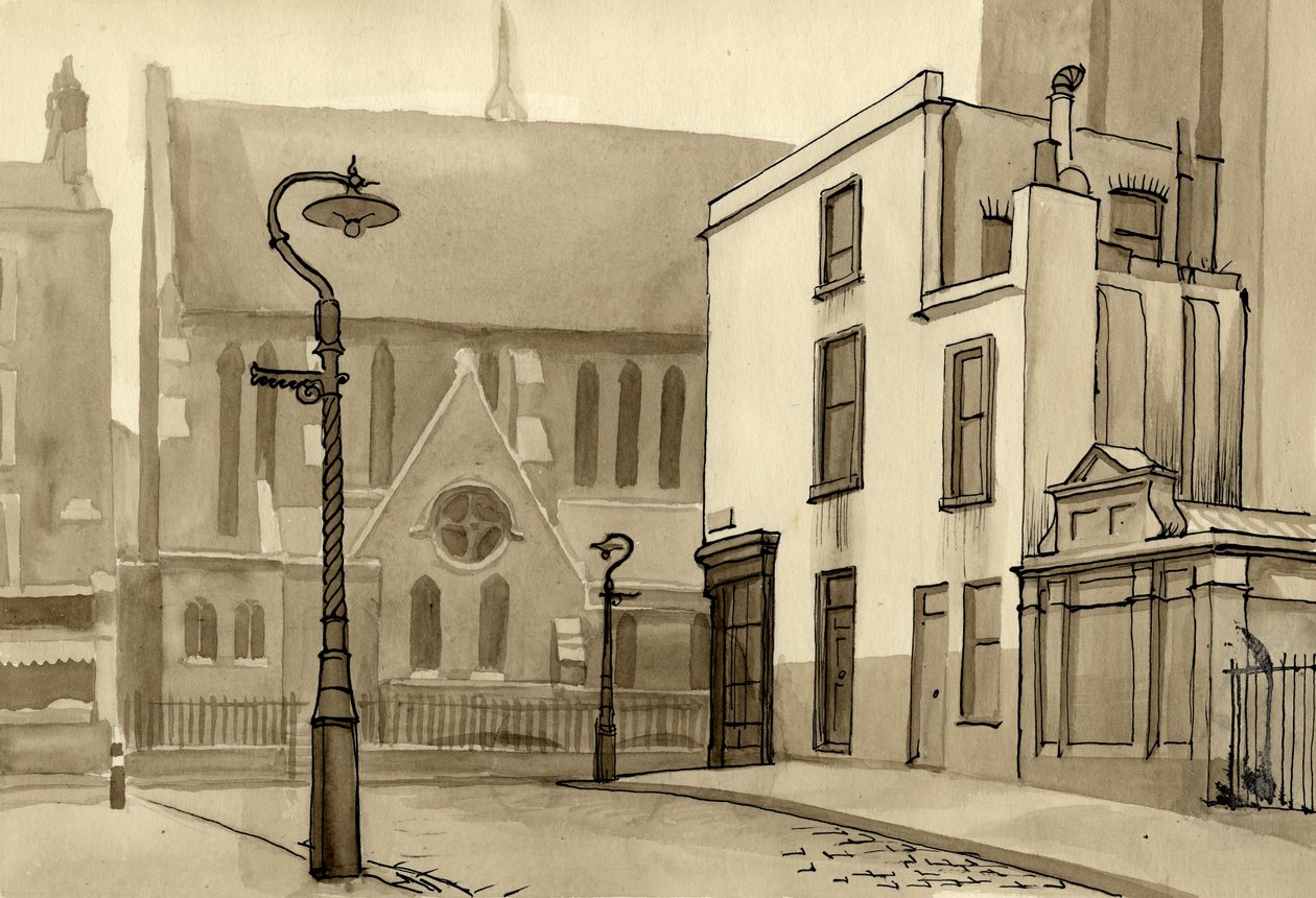 Lamppost and Church, c1951 by Shirley Markham