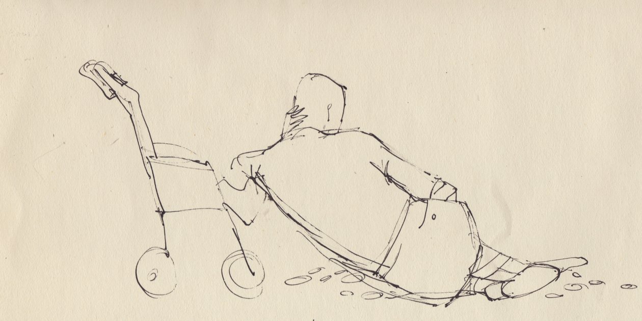 Man Leaning Against Pushchair on the Beach by Shirley Markham