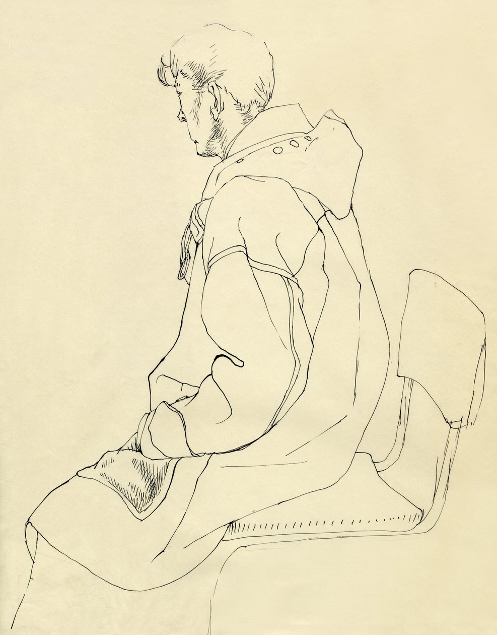 Seated man in duffel coat, c. 1952 by Shirley Markham
