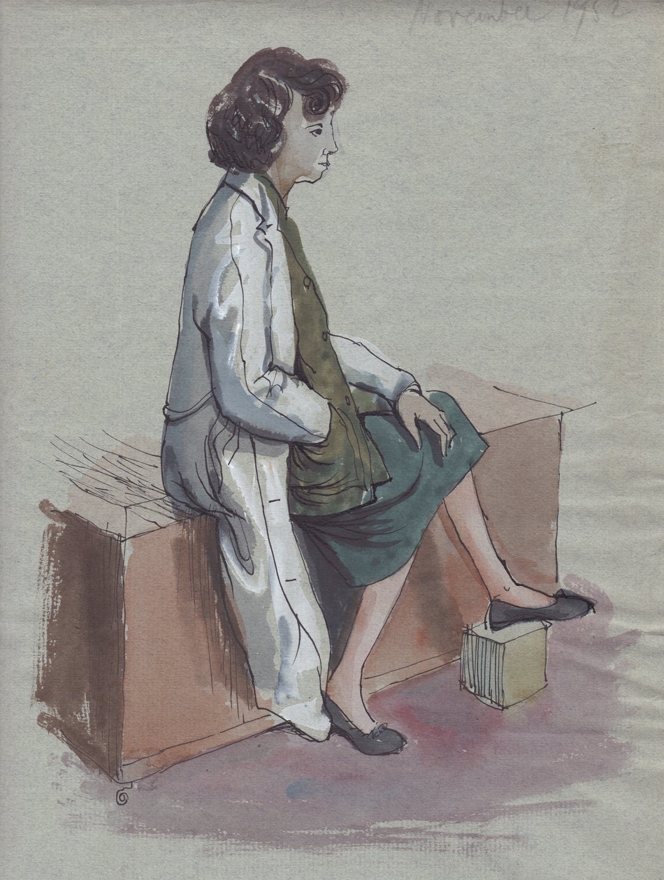 Seated Woman in White Coat, 1952 by Shirley Markham