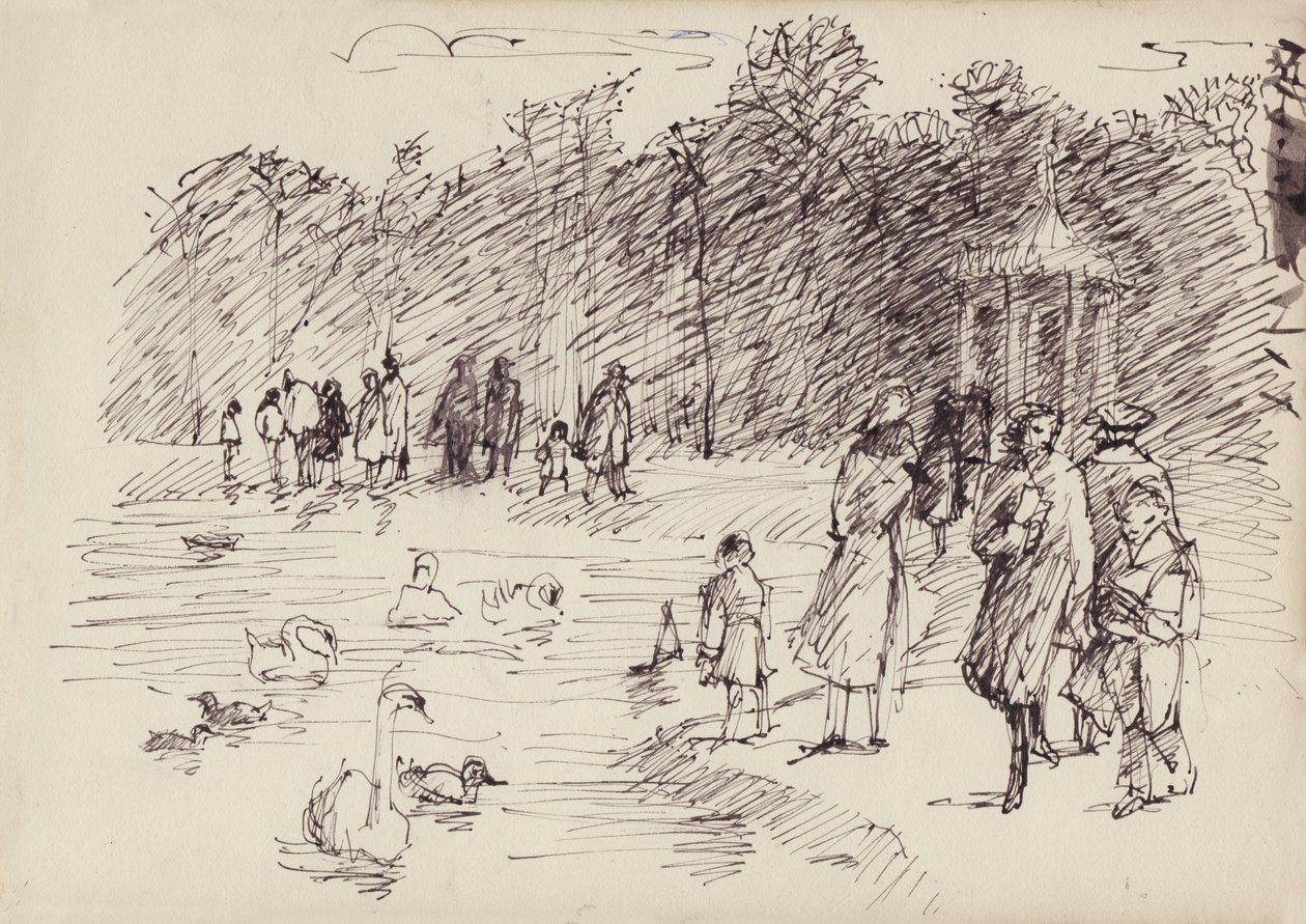 Swans on the Round Pond in Kensington Gardens, London, c1950 by Shirley Markham