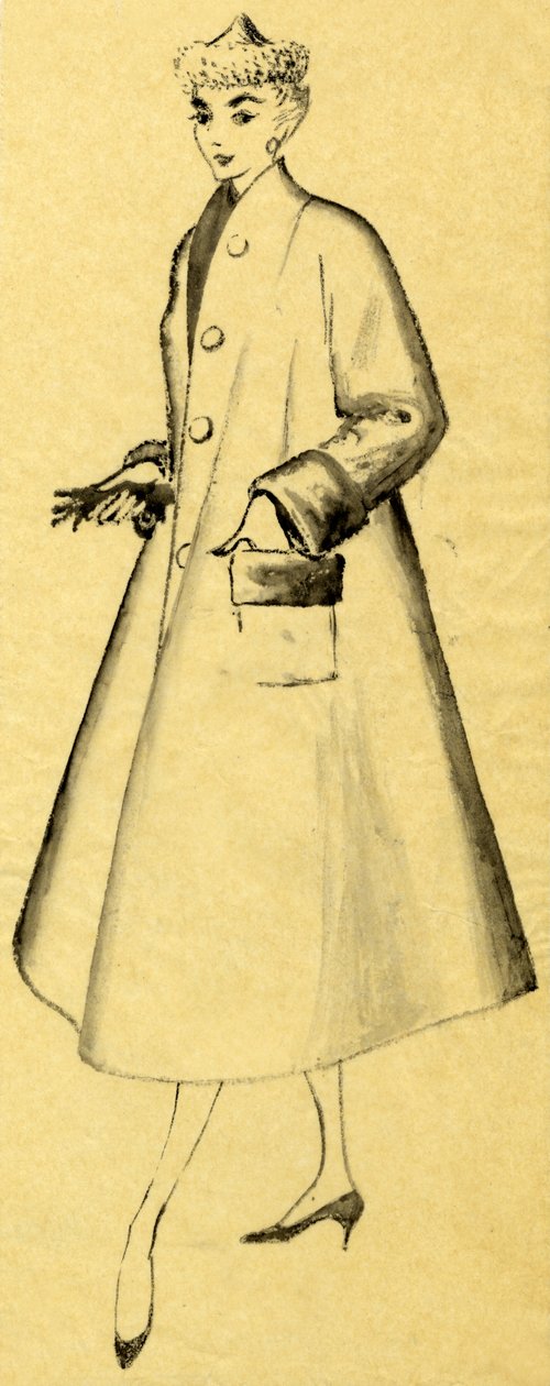 Woman in duster coat and pointed hat by Shirley Markham