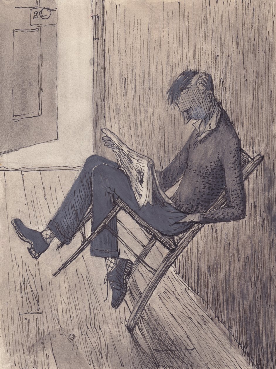 Young man leaning his chair against a wall by Shirley Markham