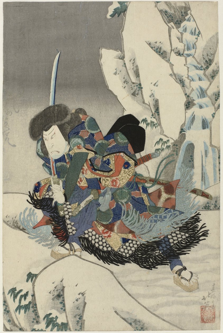Actor in Snowy Landscape, with Sword by Shunbaisai Hokuei