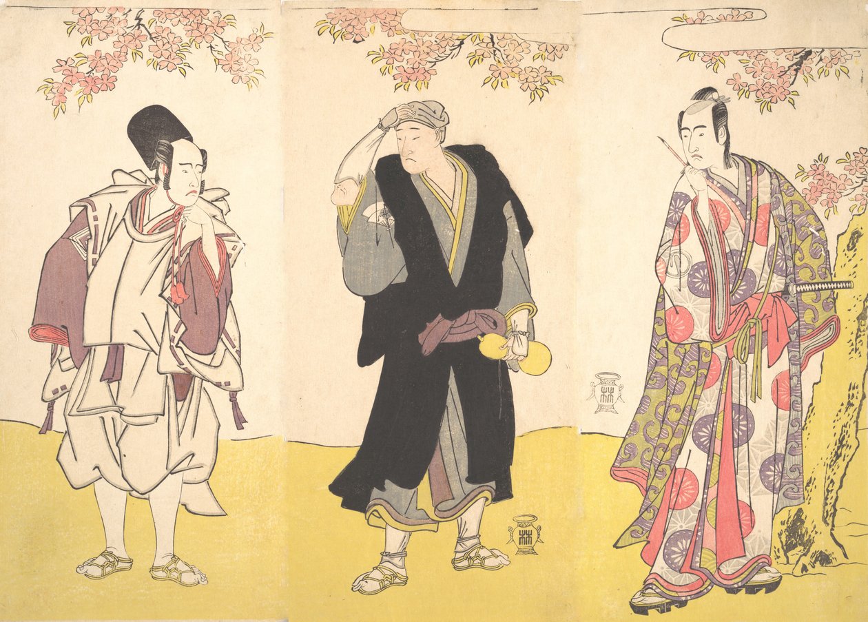 Kabuki Actors Ichikawa Yaozo III, Onoe Matsusuke I, and Sawamura Sojuro III, 11th month, 1786 by Shunsho