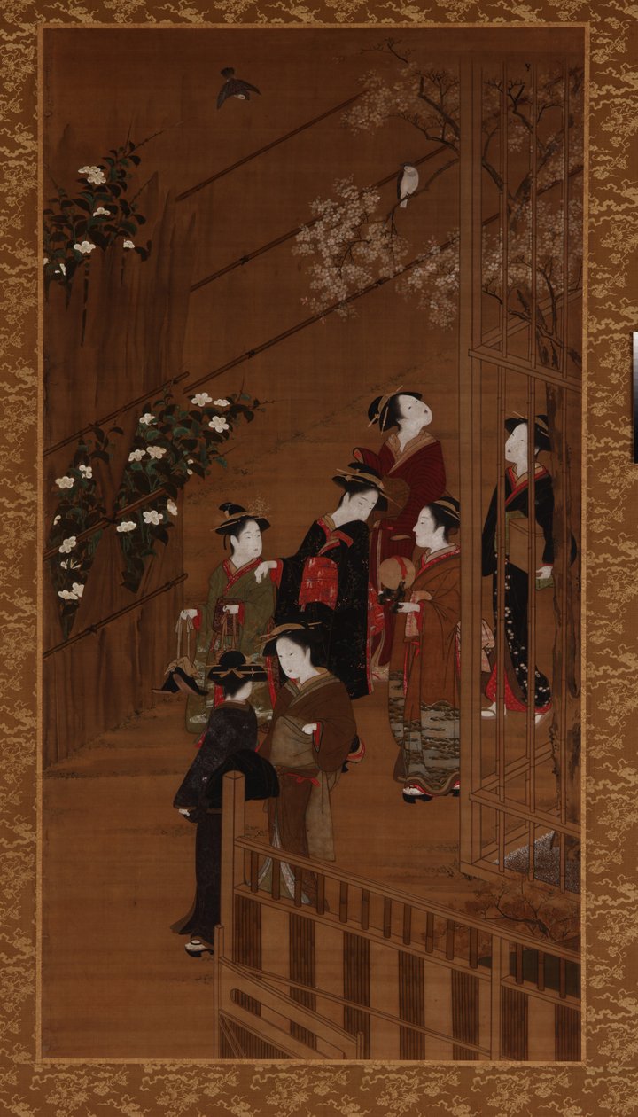 Seven women walking near a football court, Edo period by Shunsho