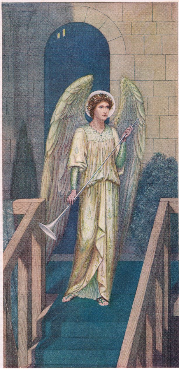 The herald of the mystery!...and yonder, upon a stage, a herald with a trumpet, clad like the angel Gabriel by Sidney Meteyard