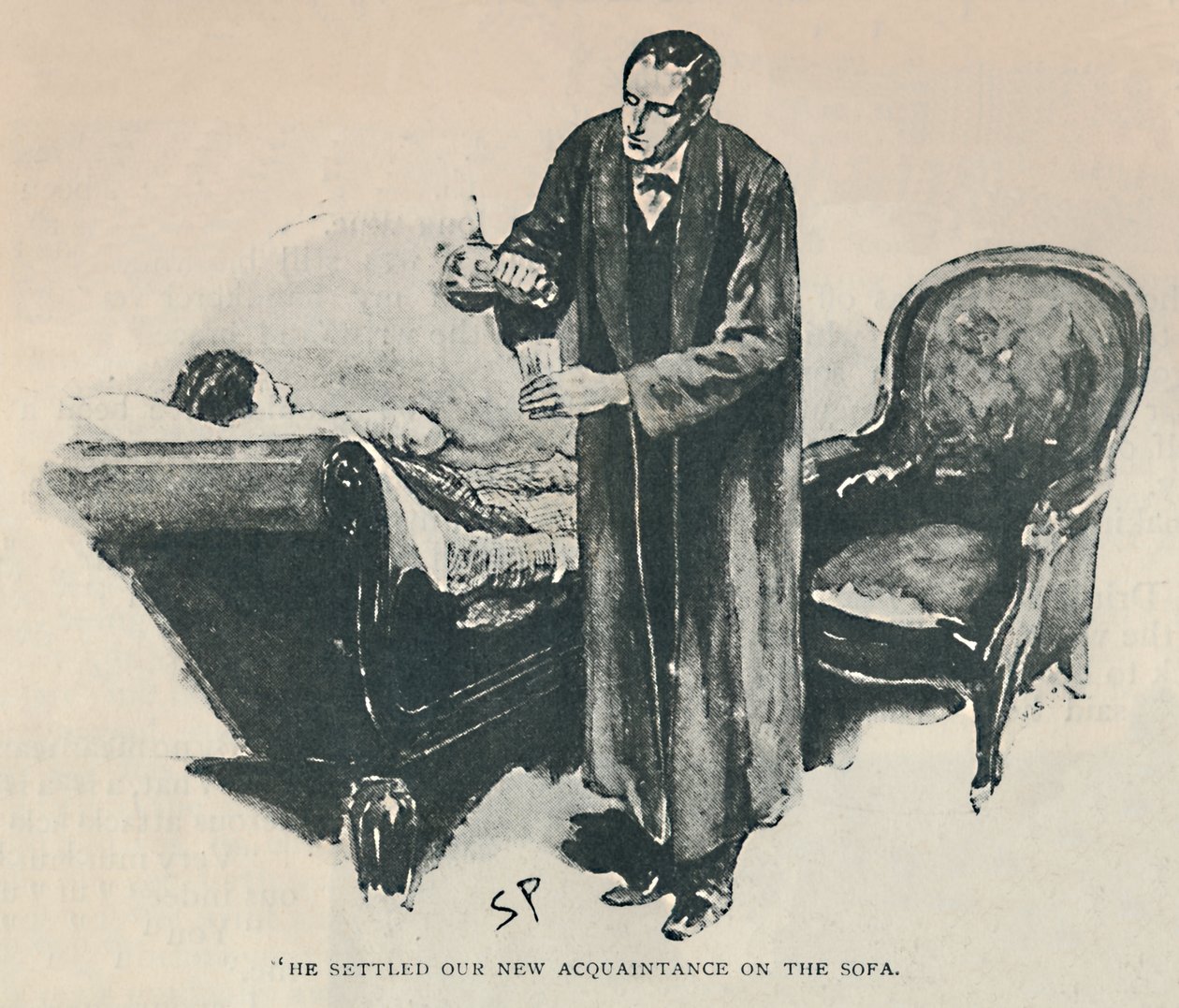 He Settled Our New Acquaintance on the Sofa by Sidney Paget