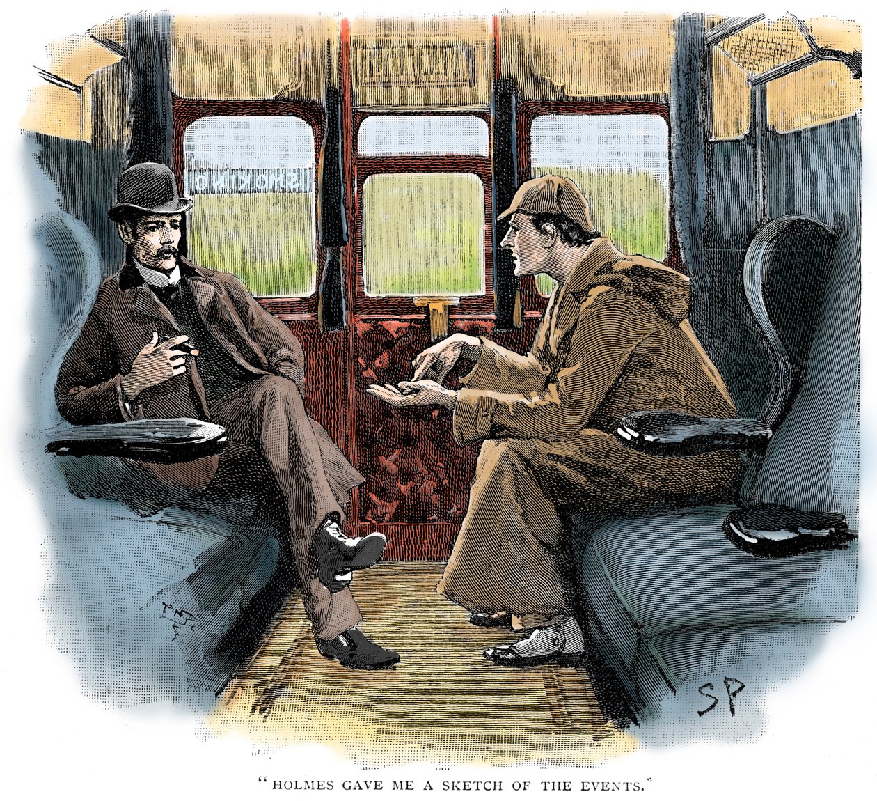 The Adventure of Silver Blaze, Holmes and Watson on train by Sidney Paget