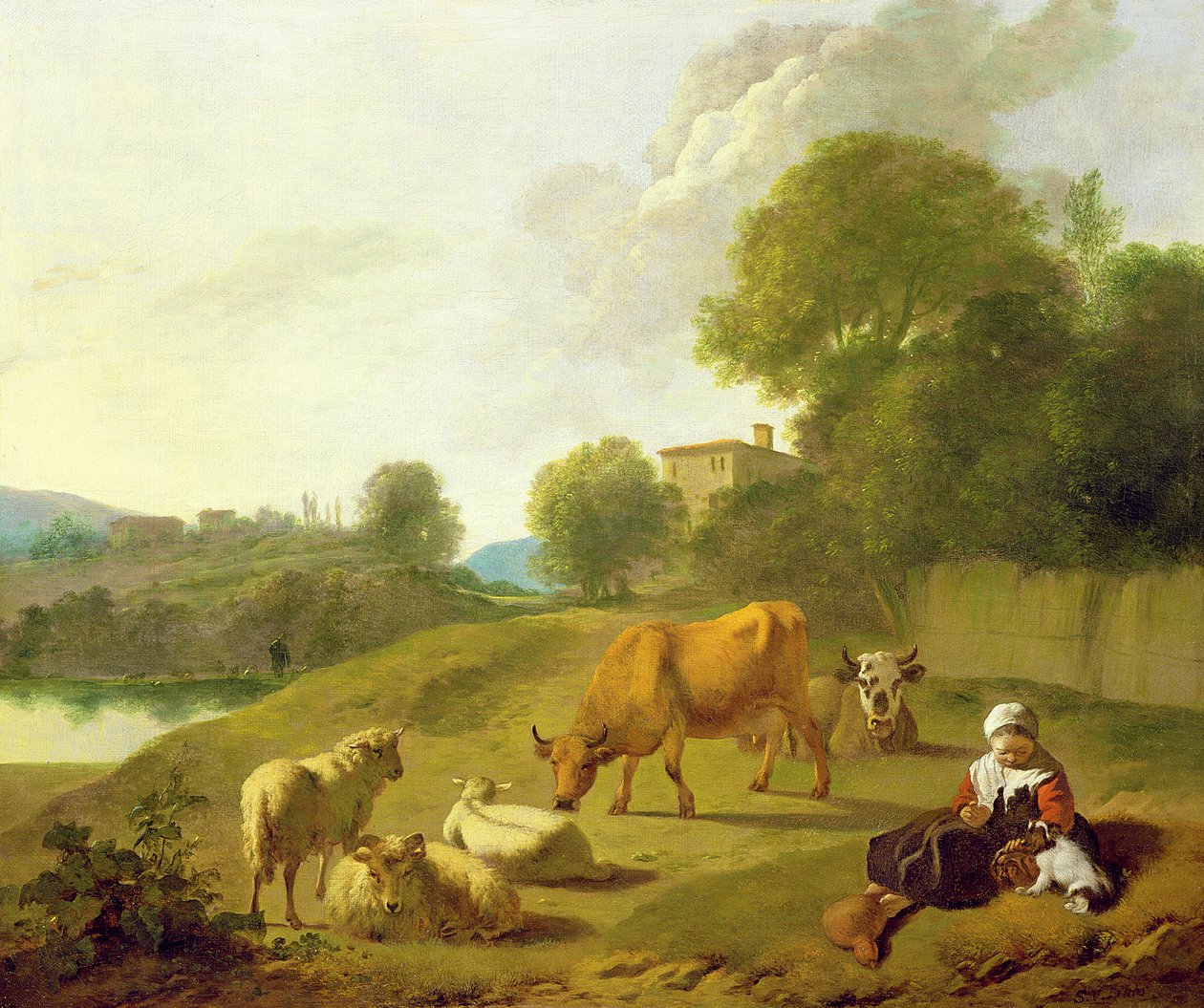 A River Landscape with Cattle, Sheep and a Young Girl Playing with a Dog by Simon van der Does