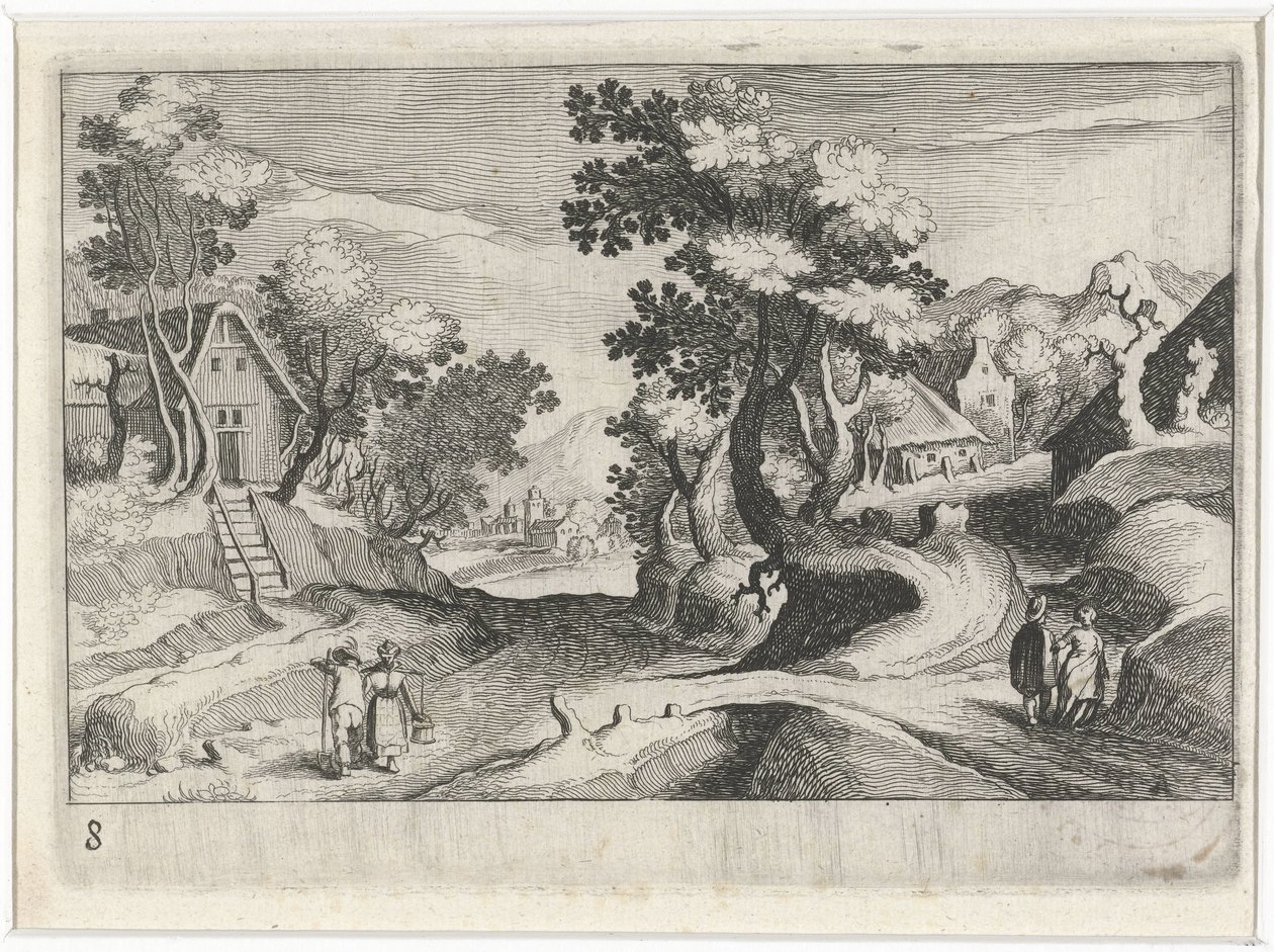 Wooded Hilly Landscape with Buildings and Figures by Simon Frisius