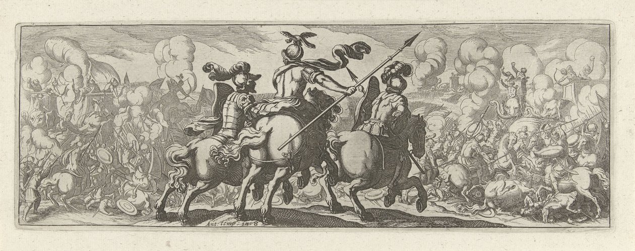 Three Cavalrymen at a Battle with Elephants, Cavalry (series title) by Simon Frisius