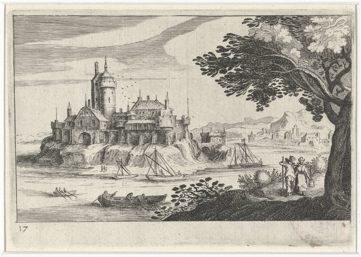Hilly Landscape with a Castle on an Island (Southern European Landscapes, Topographia variarum regionum) by Simon Frisius