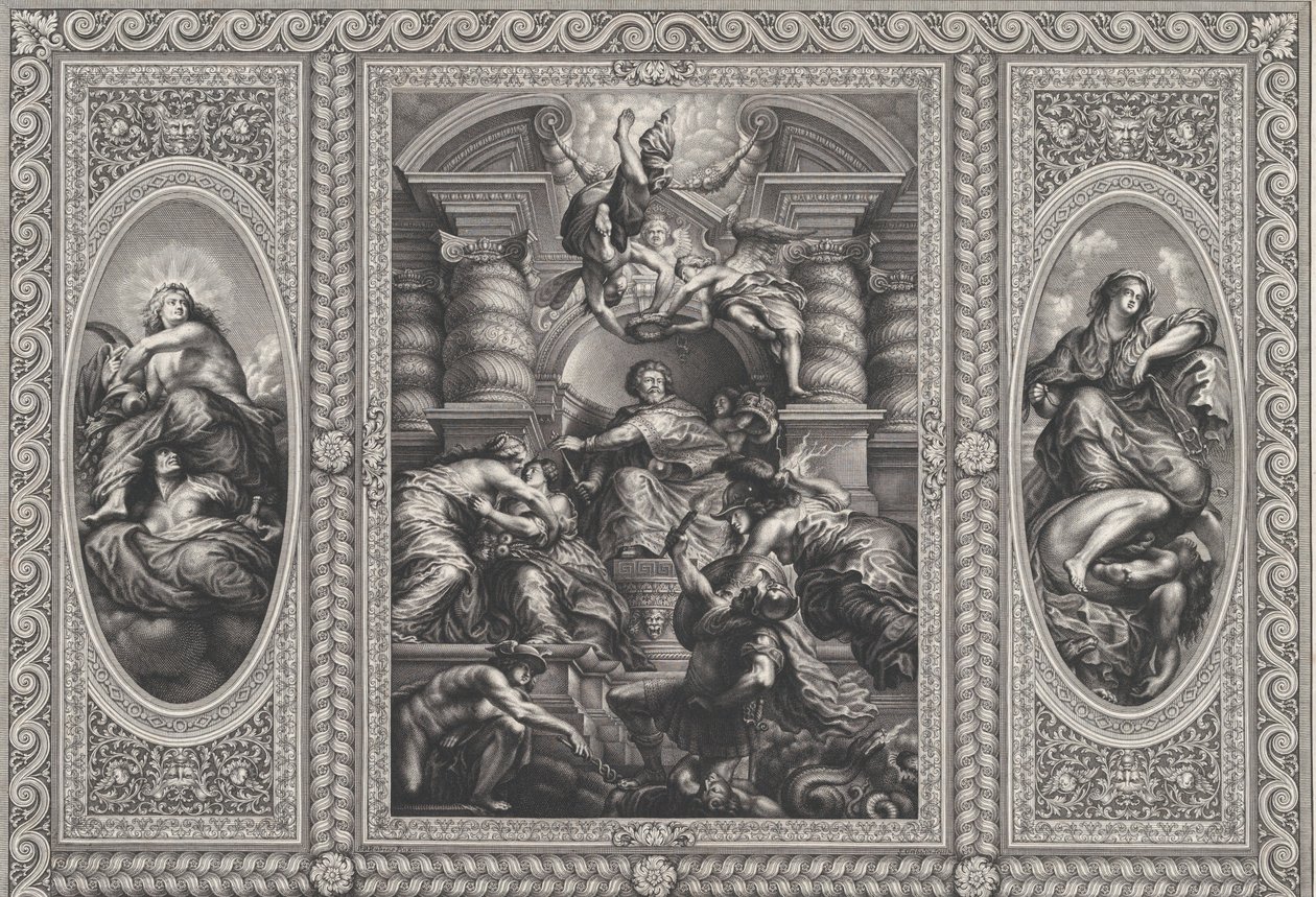 James I appointing Charles as King of Scotland at center, Minerva spearing Ignorance at right by Simon Gribelin