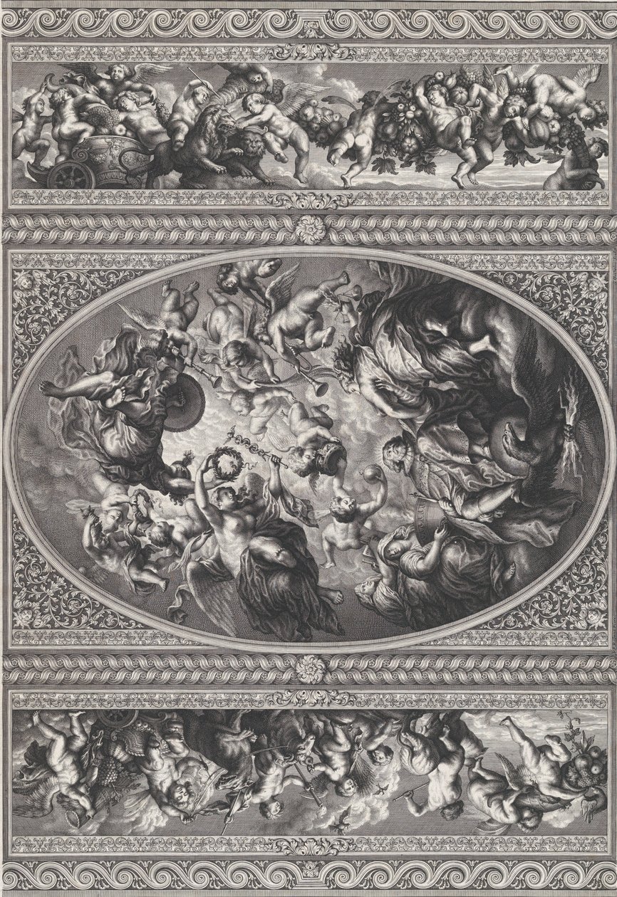 The Apotheosis of James I in an Oval at Center, Friezes with Putti and Garlands by Simon Gribelin