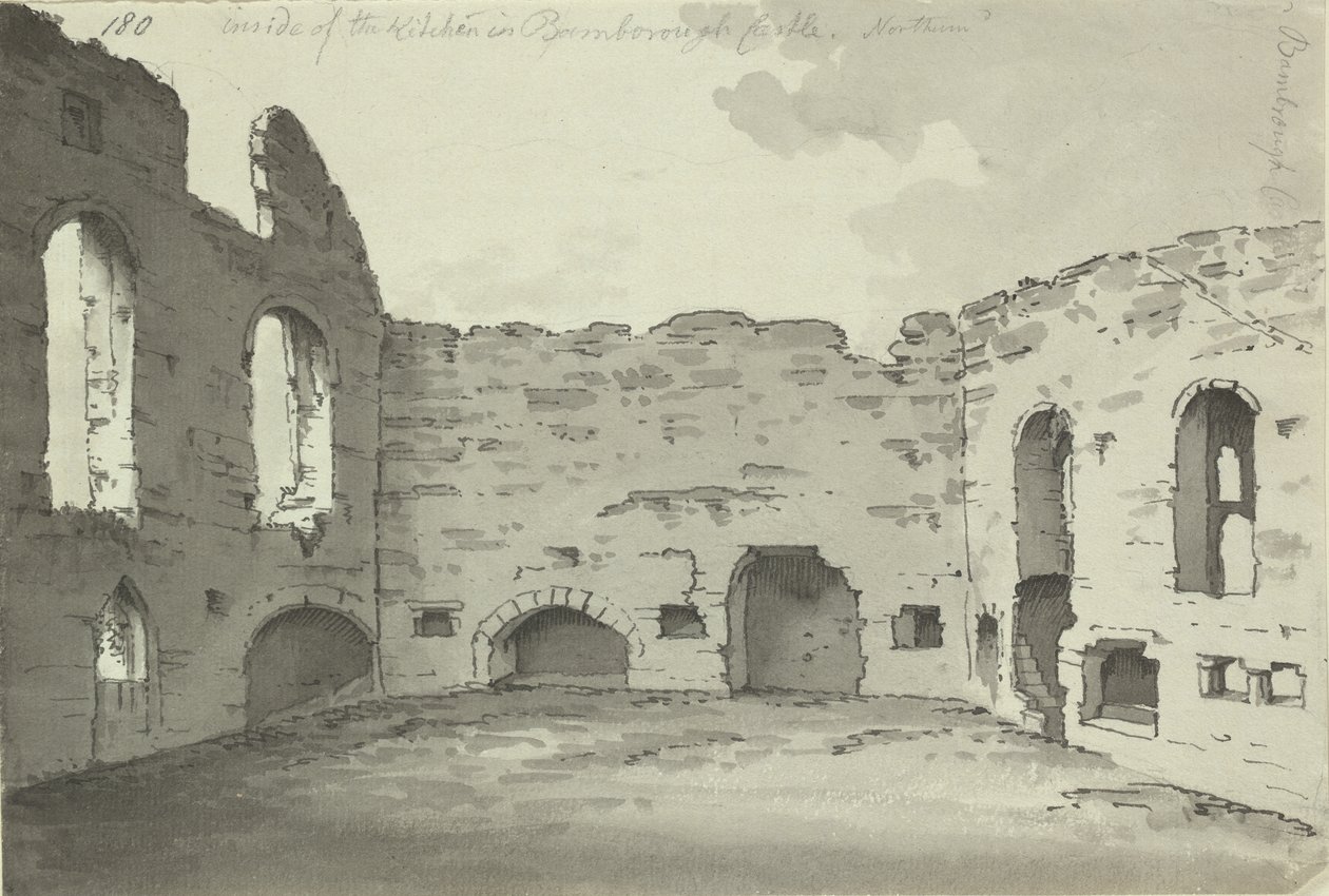 Bamburgh Castle, Kitchen Ruins, Add. 15542, f.180, c.1780 by Simon H. Grimm