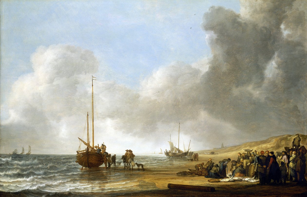 A scene on Scheveningen beach, the sea on the left and sand dunes on the right by Simon Jacobsz. Vlieger