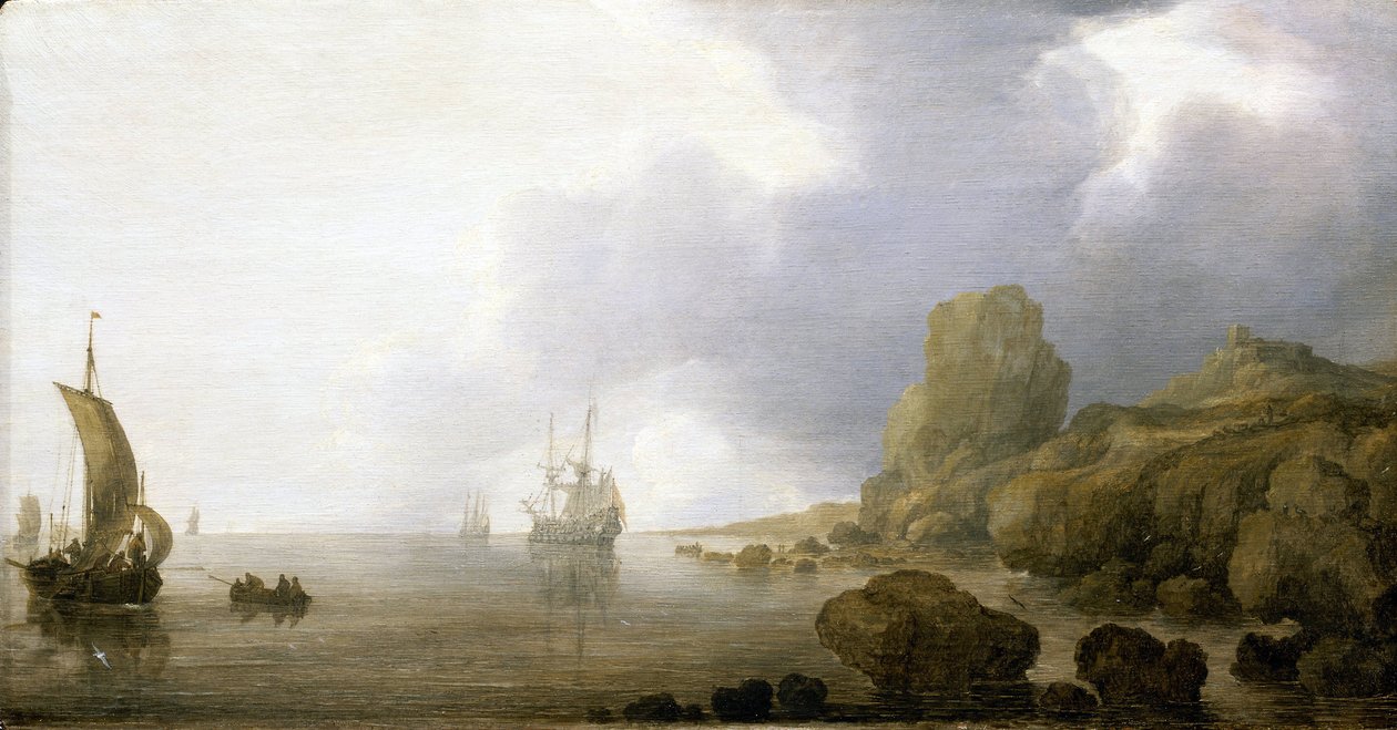 Boats in the shallow waters of a rocky bay, a romantic and idealized vision by Simon Jacobsz. Vlieger