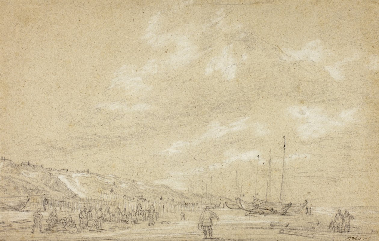 Fishermen drying nets on Scheveningen Beach by Simon Jacobsz. Vlieger
