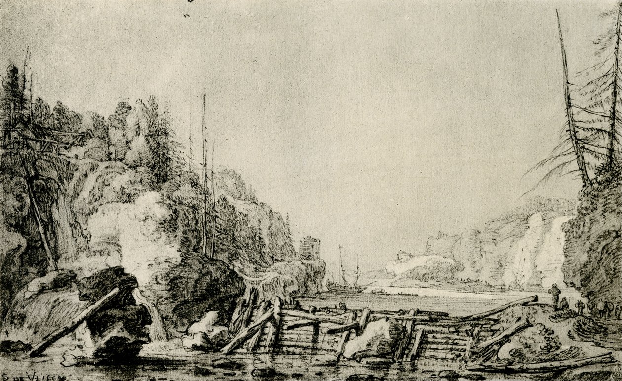 Landscape with a River Between Mountainous Banks by Simon de Vlieger