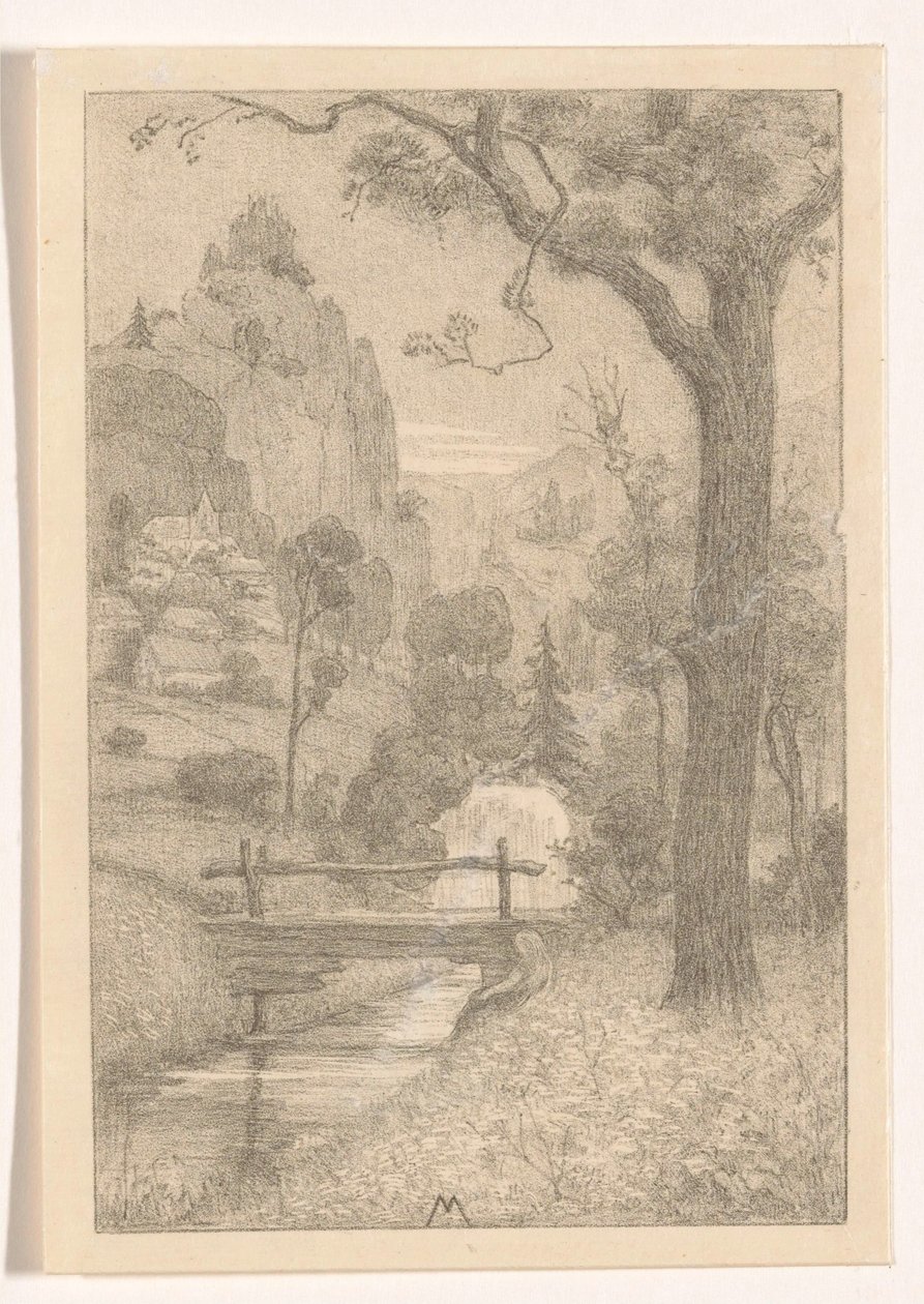 Mountain Landscape with Waterfall and Bridge by Simon Moulijn
