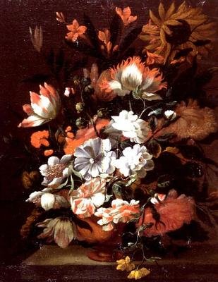 Tulips, carnations, sunflowers and other flowers in an urn on a stone ledge by Simon Peeterz (follower of) Verelst