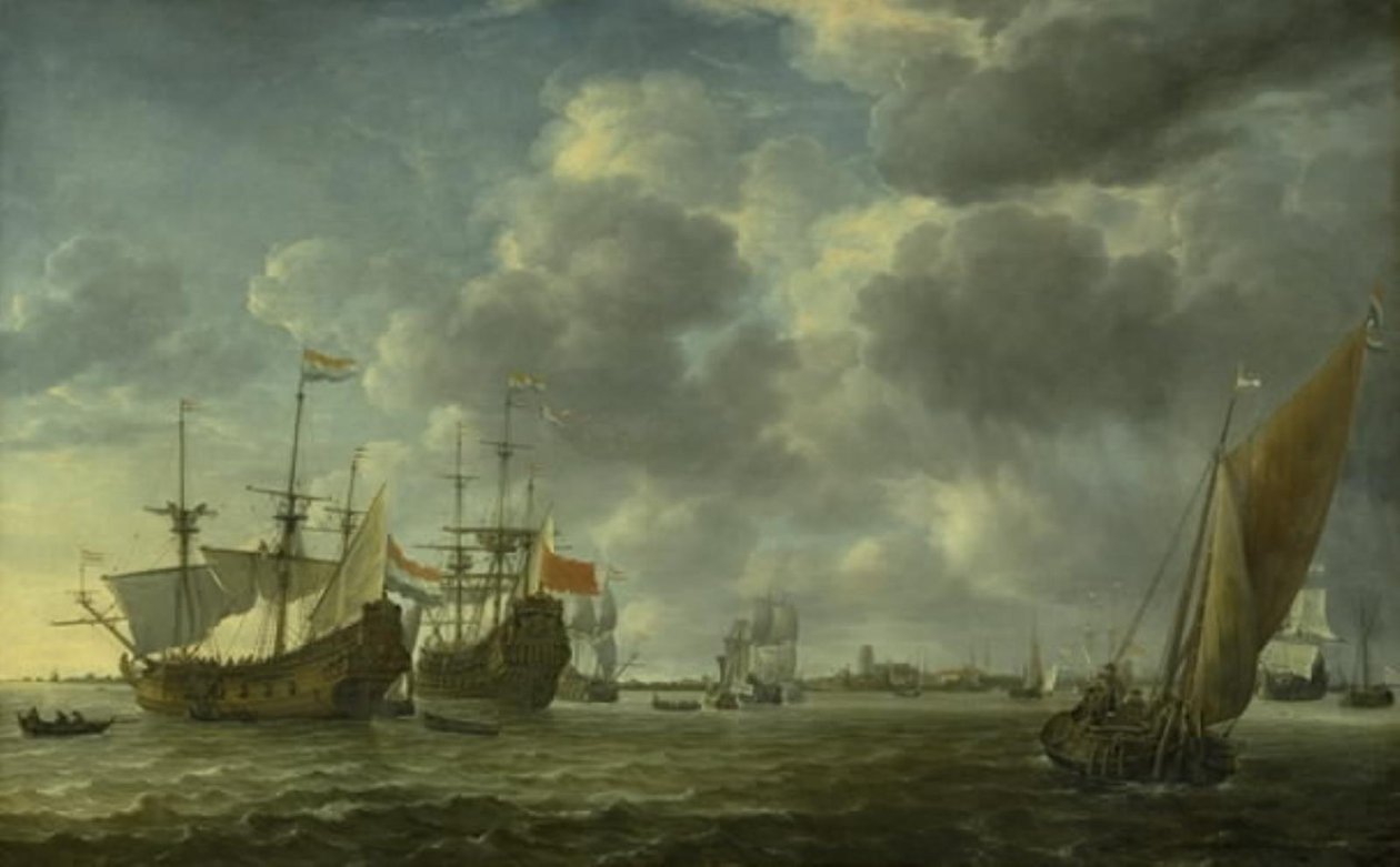 Ships in the River Maas off Rotterdam by Simon de Vlieger