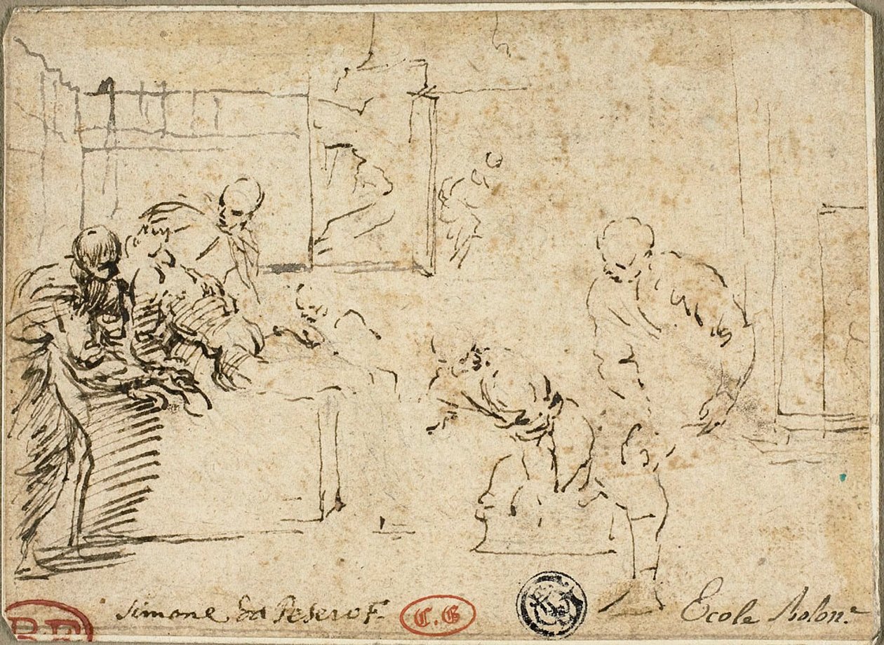 Interior with Male Nude Surrounded by Five Figures by Simone Cantarini
