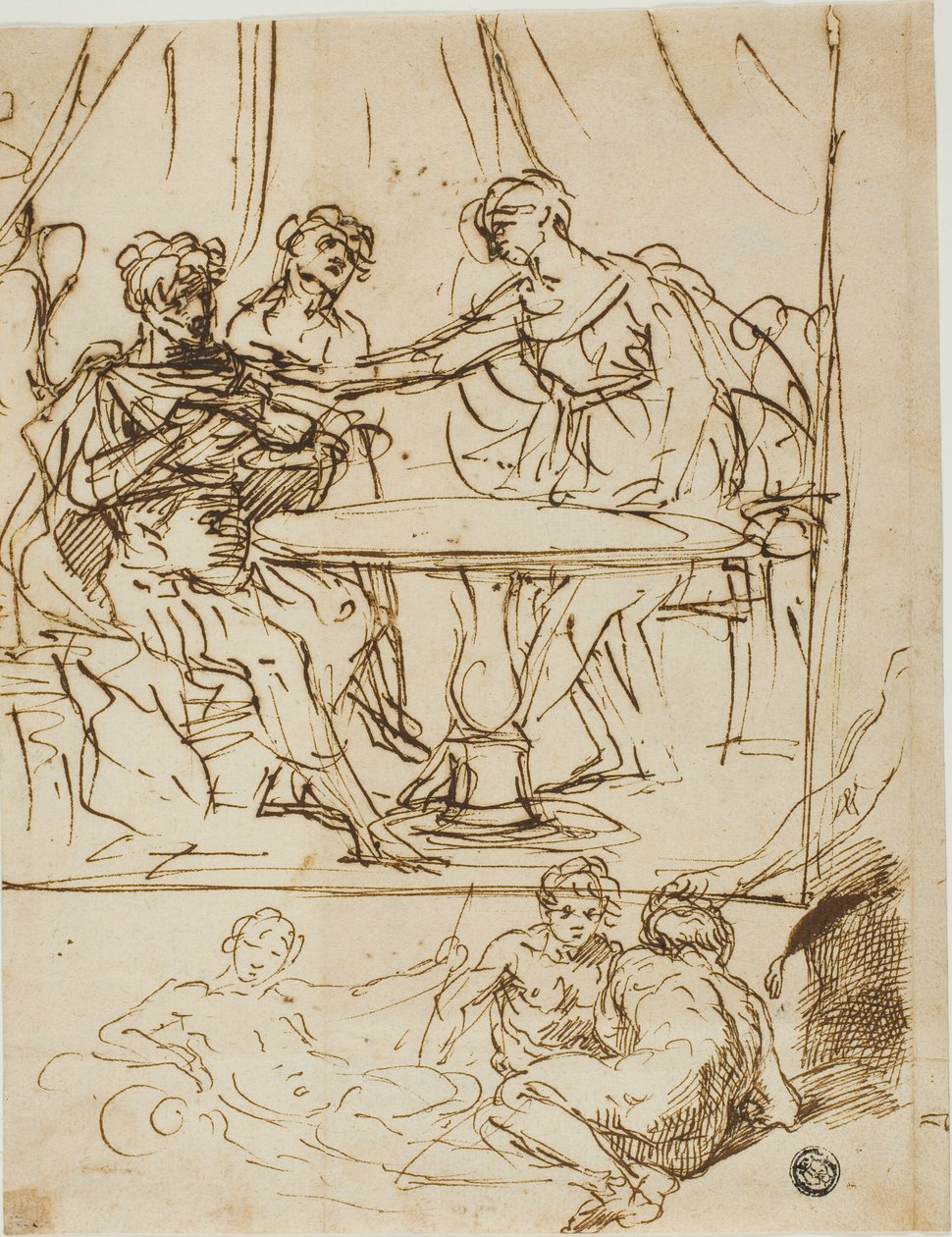 Judith with the Head of Holofernes and Sketches of River Gods (recto); Female Head, Looking Upwards (verso) by Simone Cantarini