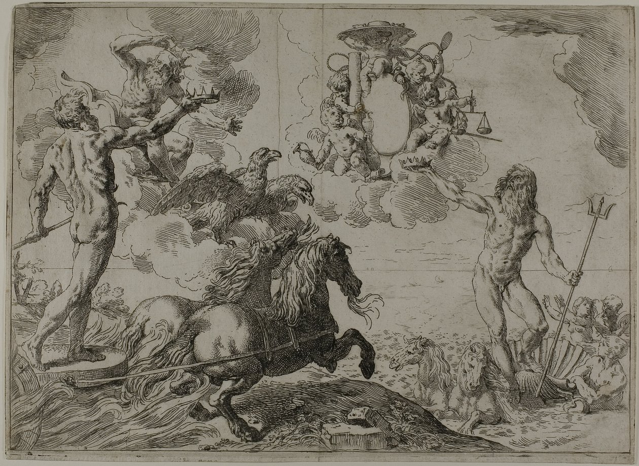 Jupiter, Neptune and Pluto Offering their Crowns to the Arms of Cardinal Borghese by Simone Cantarini