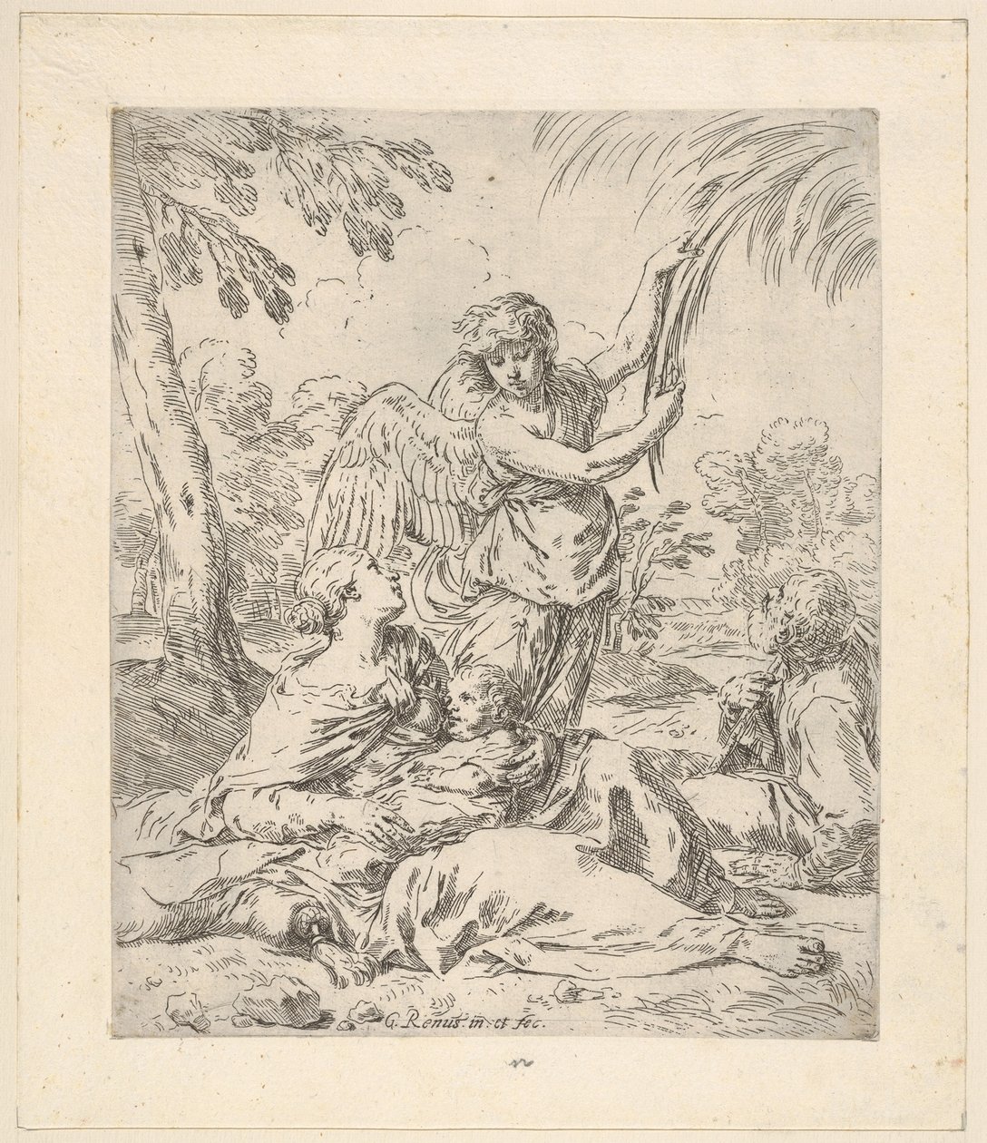 Repose in Egypt, Mary Nursing the Infant Christ While an Angel Pulls at Tree Branches by Simone Cantarini