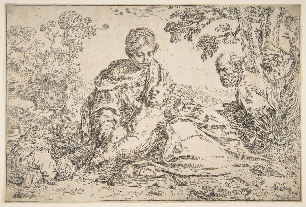 Rest on the Flight into Egypt, Mary holding the infant Christ with St. Joseph at right, ca. 1640 by Simone Cantarini