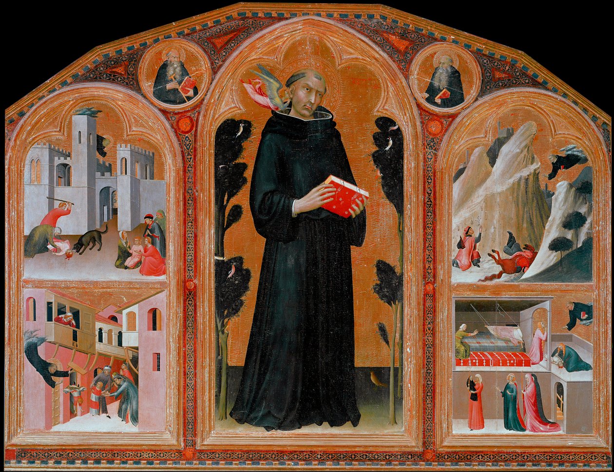 The Italian monk Agostino Novello said he Panormitano and the representation of four of his miracles. From left to right and from top to bottom: the child attacks by a wolf, the knight falls into the ravine, the child falls from the balcony, the child fall by Simone Martini