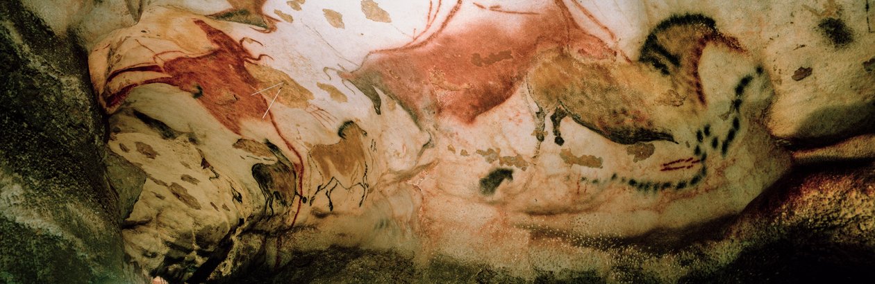 The Red Cows and the Chinese Horses cavort along a wall in the Axial Gallery, Lascaux Cave by Sisse Brimberg
