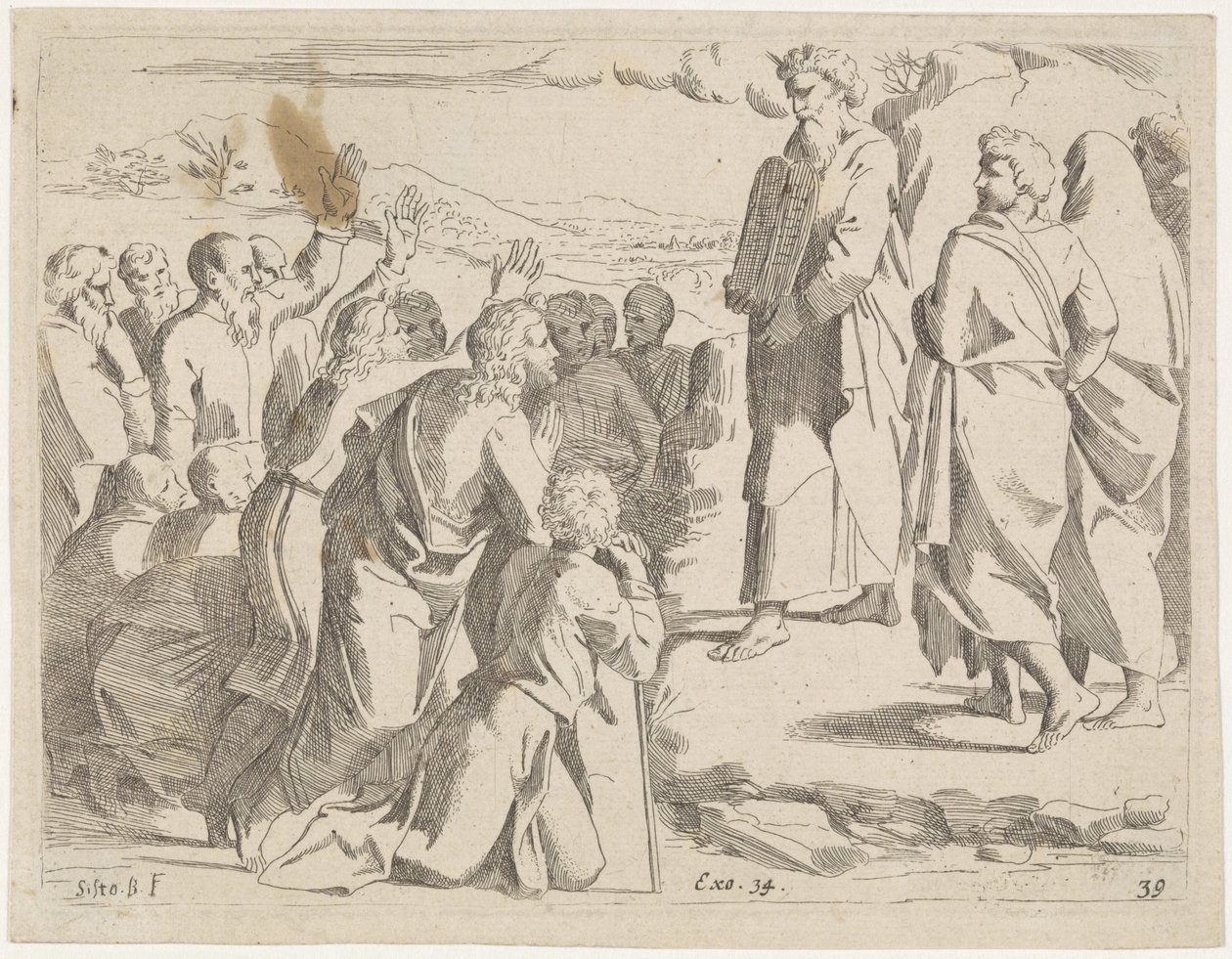 Moses Showing the Tablets of the Law to the People, Biblical Scenes (series title), Historia del Testamento Vecchio / Dipinta in Roma nel Vaticano da Raffaelle di Urbino (series title) by Sisto Badalocchio