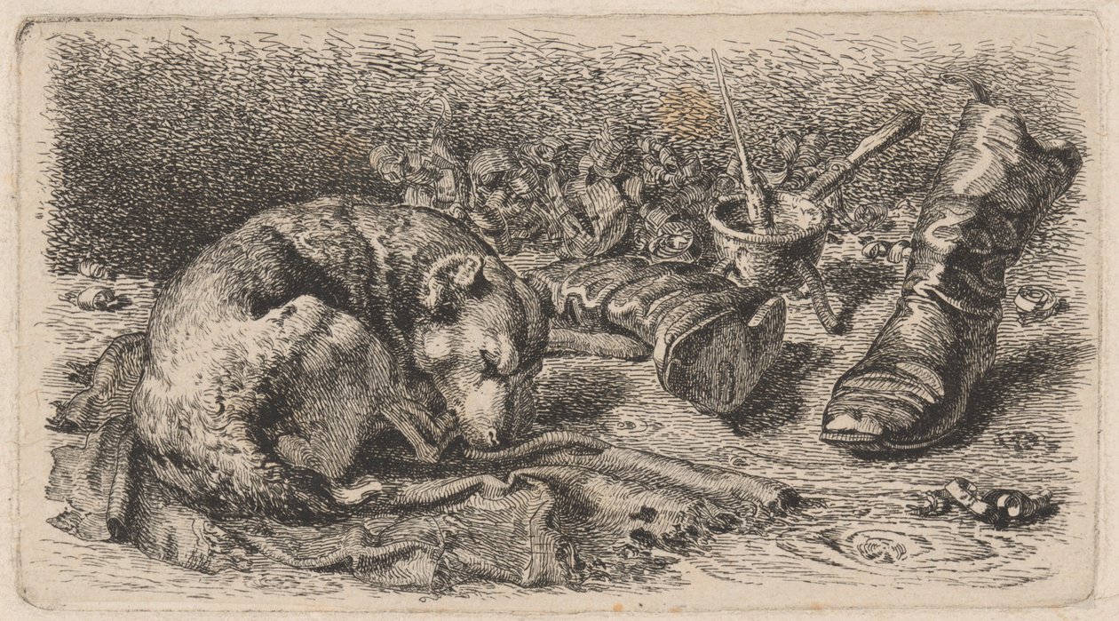 Dog Asleep Beside a Pair of Boots by Sixt Thon