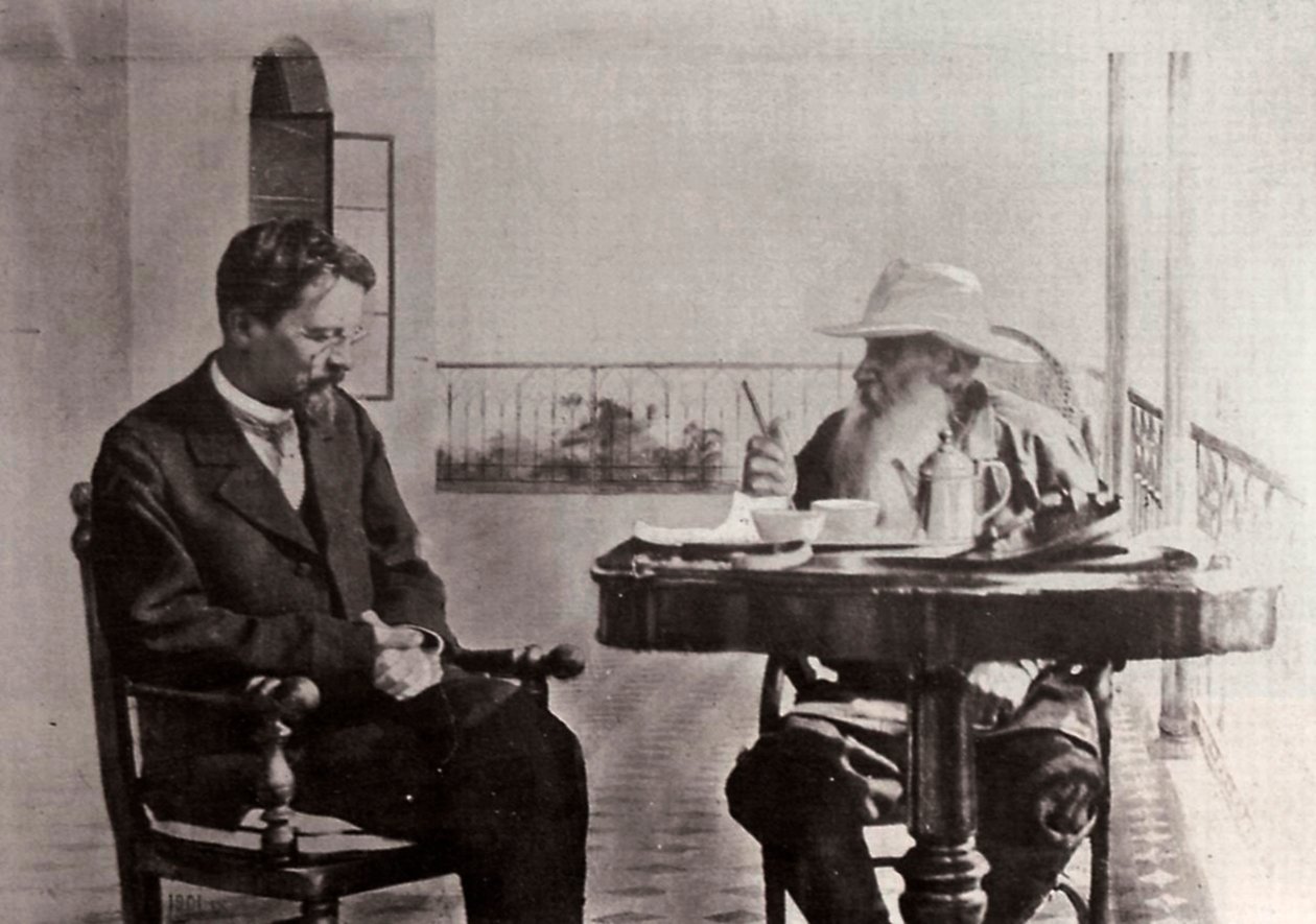 Leo Tolstoy and Anton Chekhov, Russian authors, 1902 by Sophia Andreevna Tolstaya