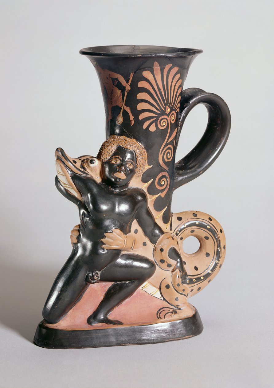 Red-Figure Horn-Shaped Rhyton depicting a crocodile attacking a Nubian, Greek, c.350 BC by Sotades