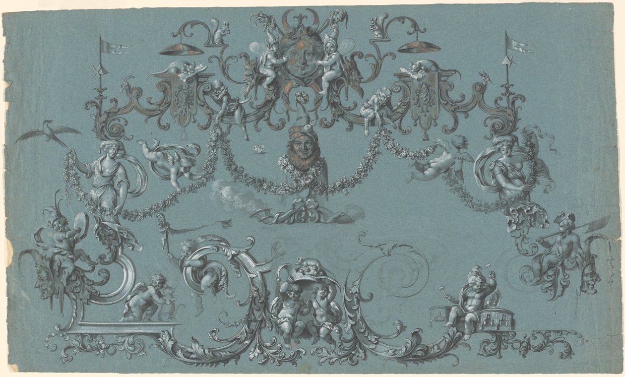 Arabesques with Frolicking Putti, Animals, and Jesters by South German 18th Century