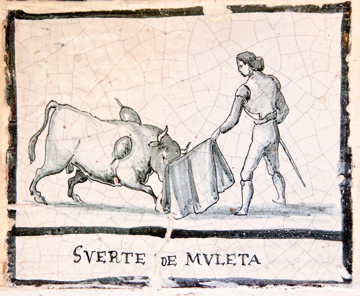 Bullfight scene on an antique tile - The Muleta Stage by Spanish School
