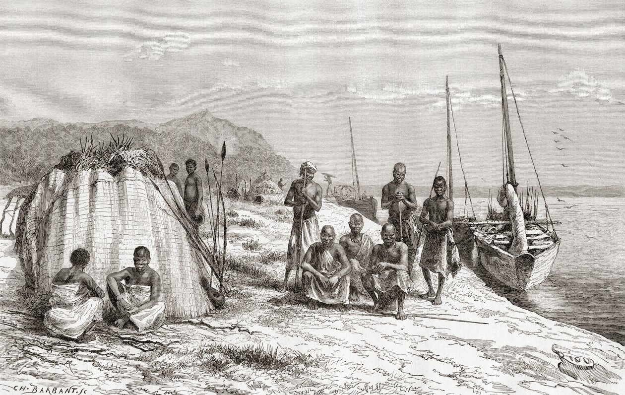 Congolese tribesmen by their boats on the Congo River in the 19th century, from 